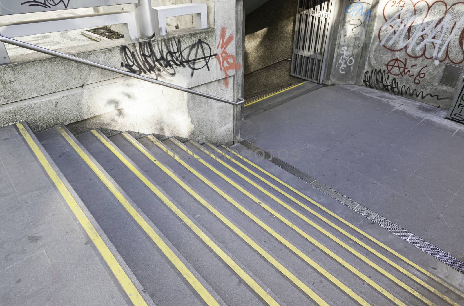 Stairs to the Lisbon Metro, detail of the entrance to the underground public transport
