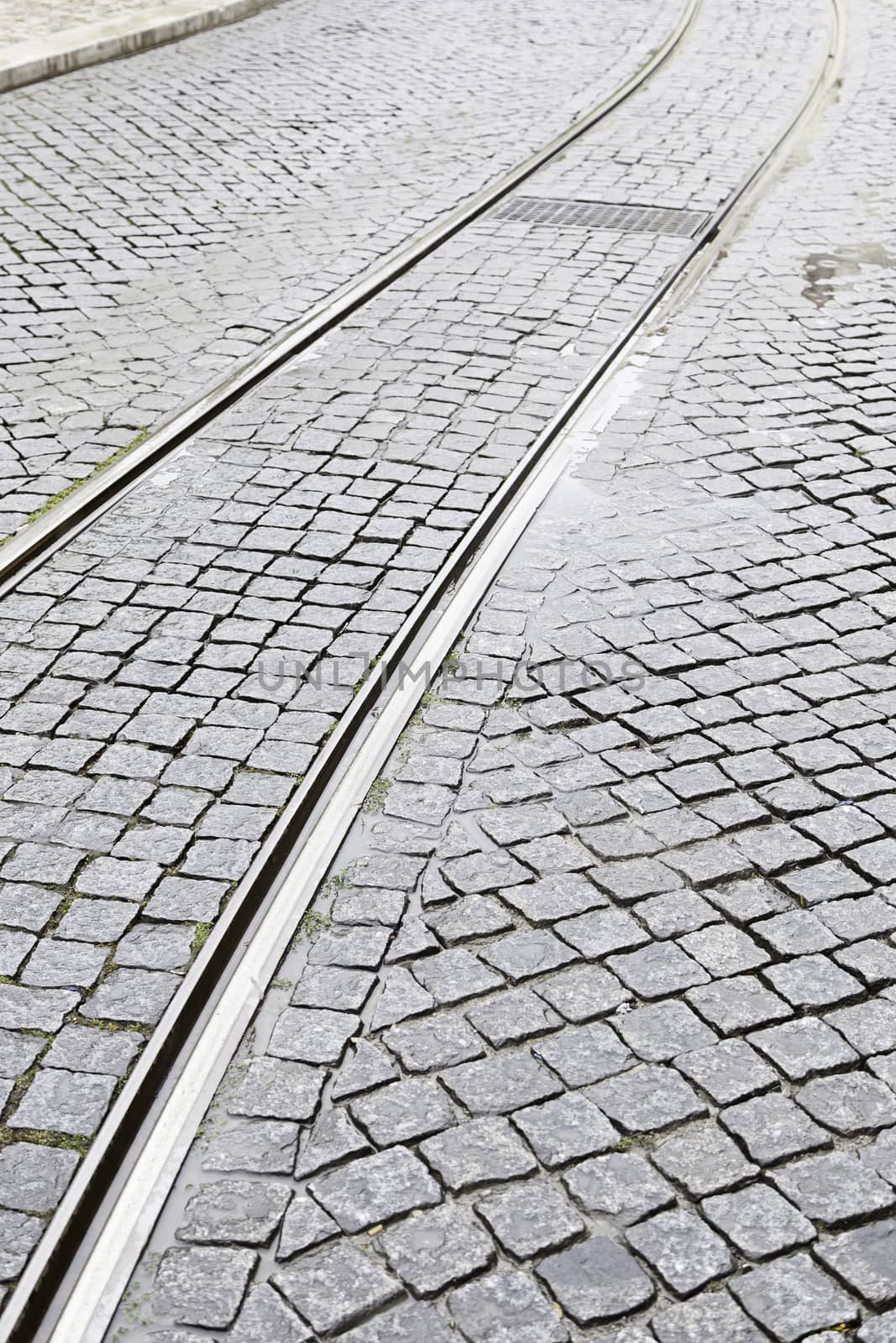 Vias of a tram in the city, detail of an old via Lisbon, old urban transport, tourism and transport