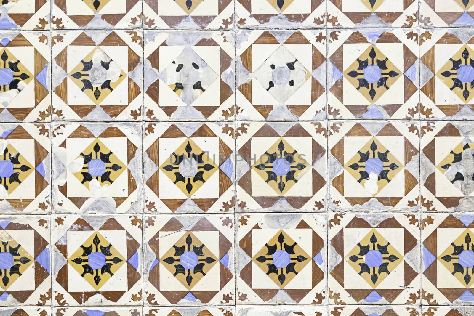 Typical old Lisbon tiles, detail of a classic ceramic tiles, art of Portugal