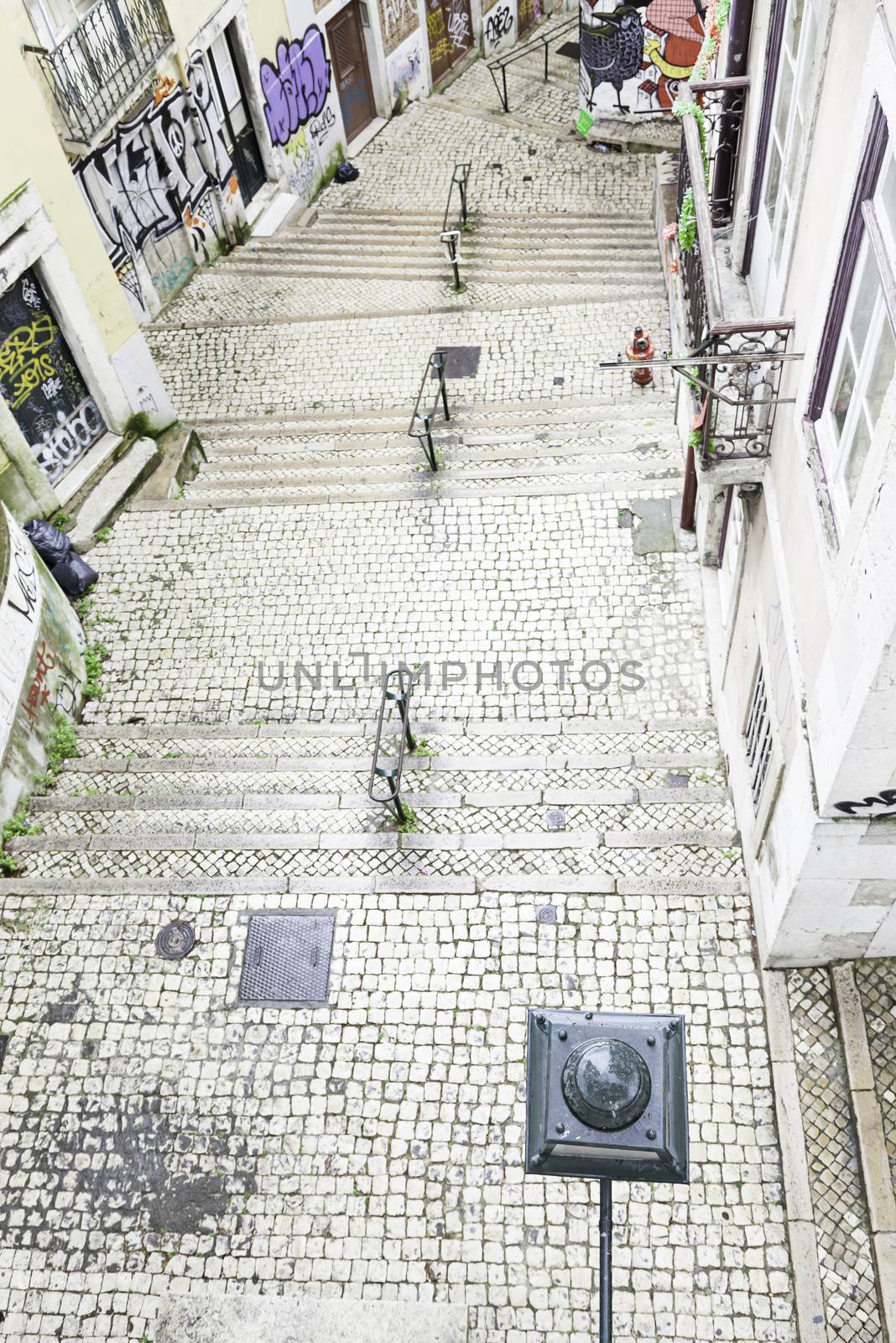 Stairs in Alfama district, Lisbon, detail of a old sclera in a typical neighborhood