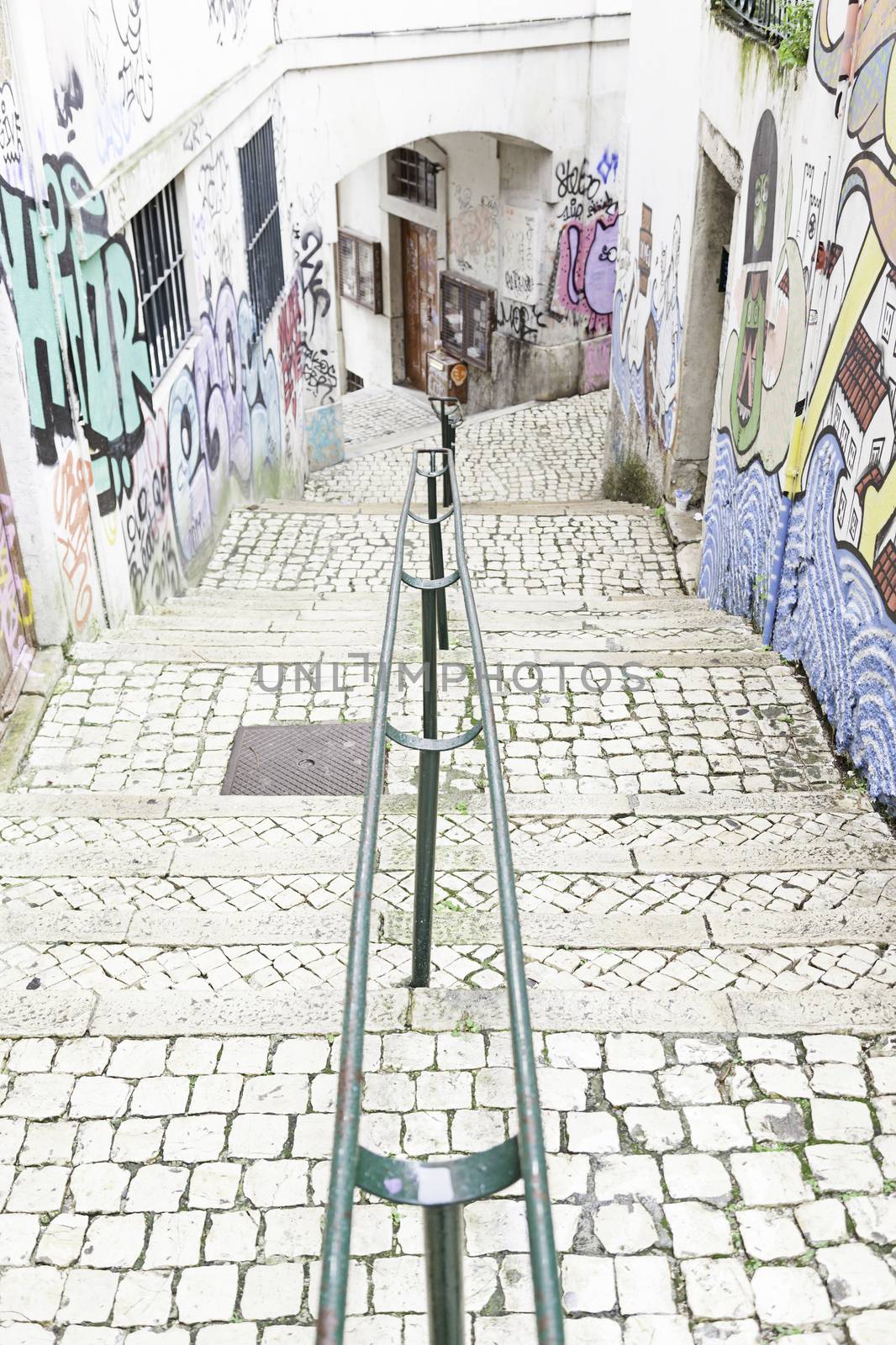 Stairs in Alfama district, Lisbon, detail of a old sclera in a typical neighborhood