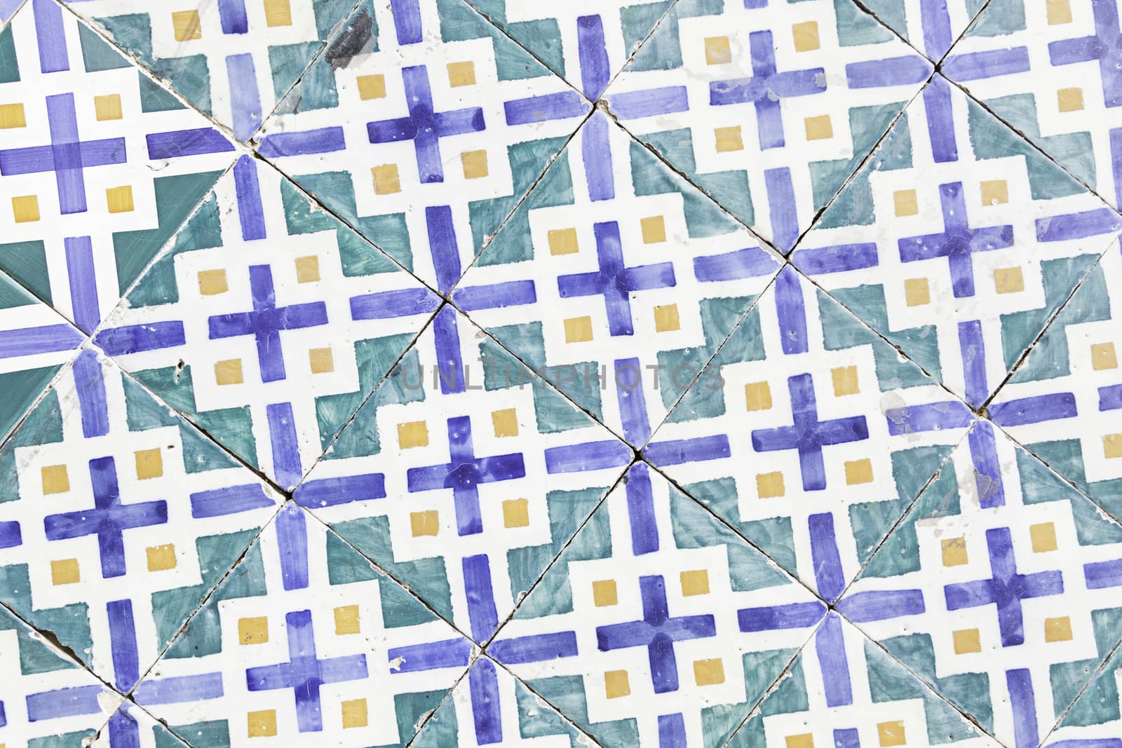 Typical old Lisbon tiles, detail of a classic ceramic tiles, art of Portugal