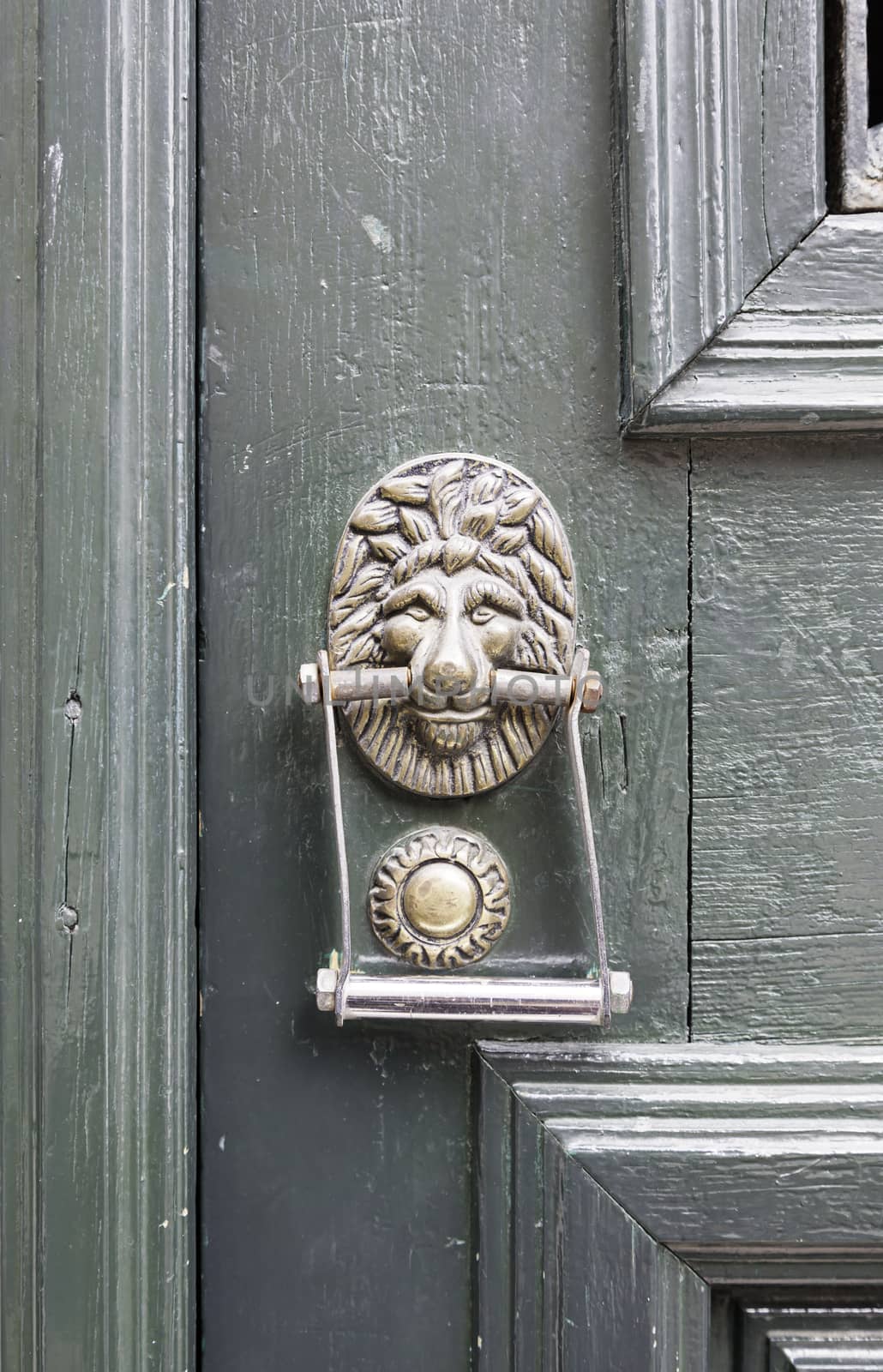 Old caller with a lion head, detail of a decorative bronze door