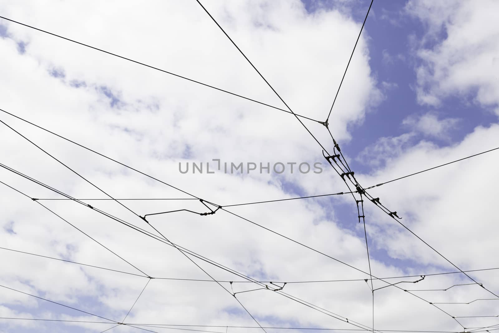 Cables tram in Lisbon, detail of electricity cables to transport the city