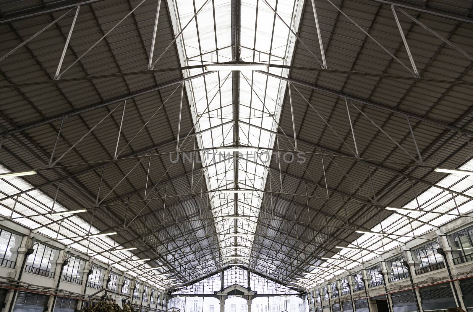 Roof of a market, detail of the interior of a building with stalls breaths, interior architecture