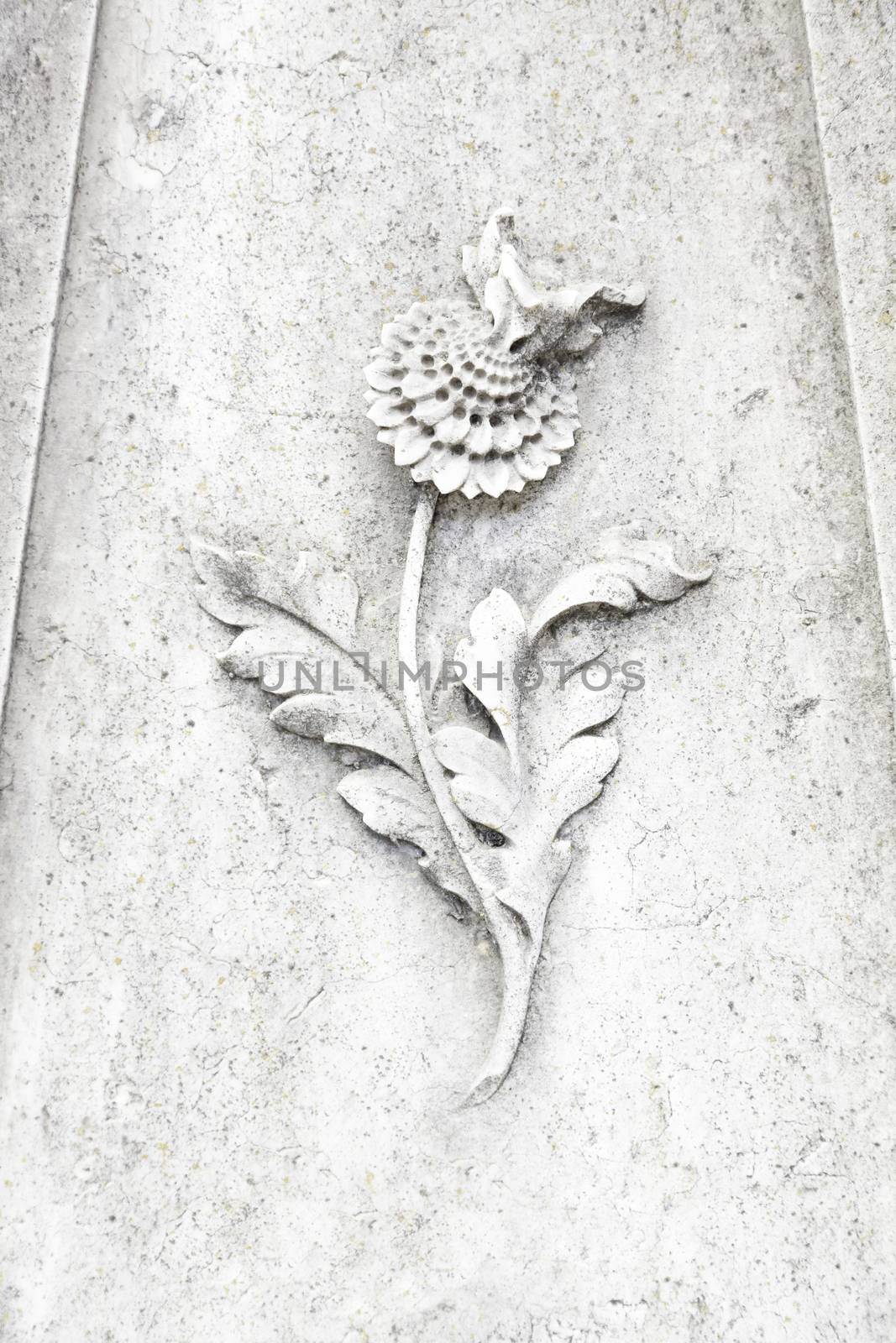 Old flower carved in stone, carved detail of a flower, stone art