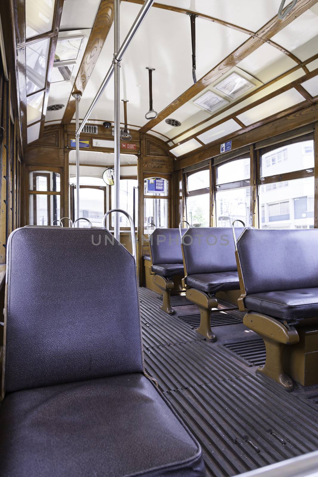Interior of a tram in Lisbon, interior detail of a classic city transport
