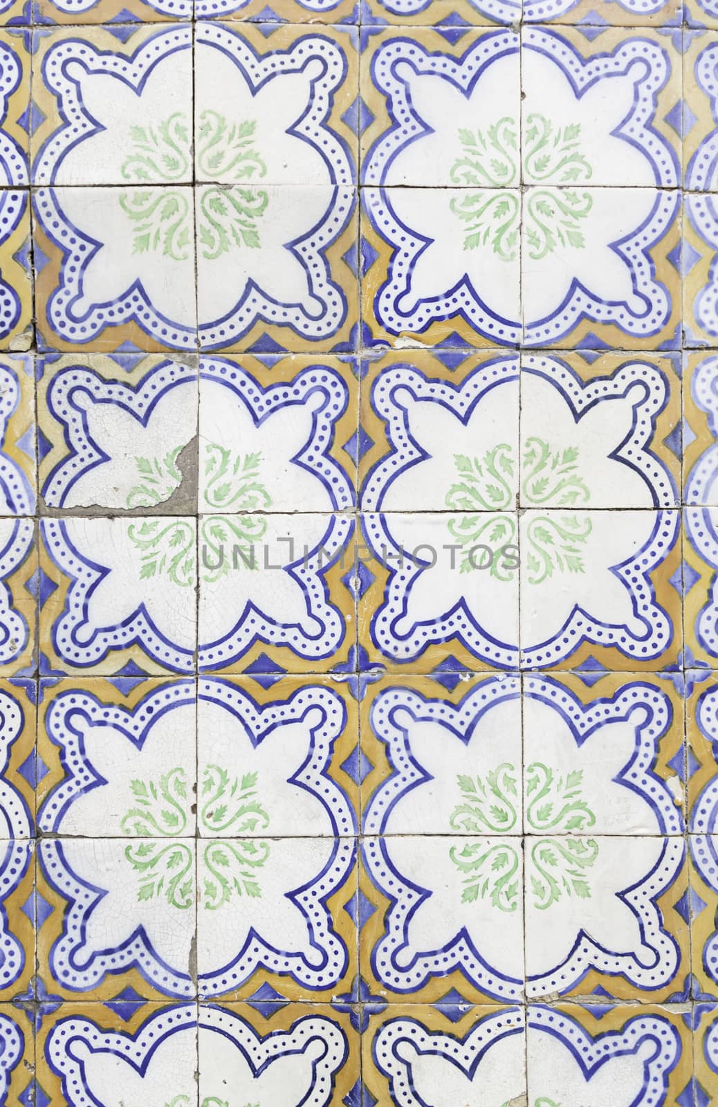 Typical old Lisbon tiles, detail of a classic ceramic tiles, art of Portugal