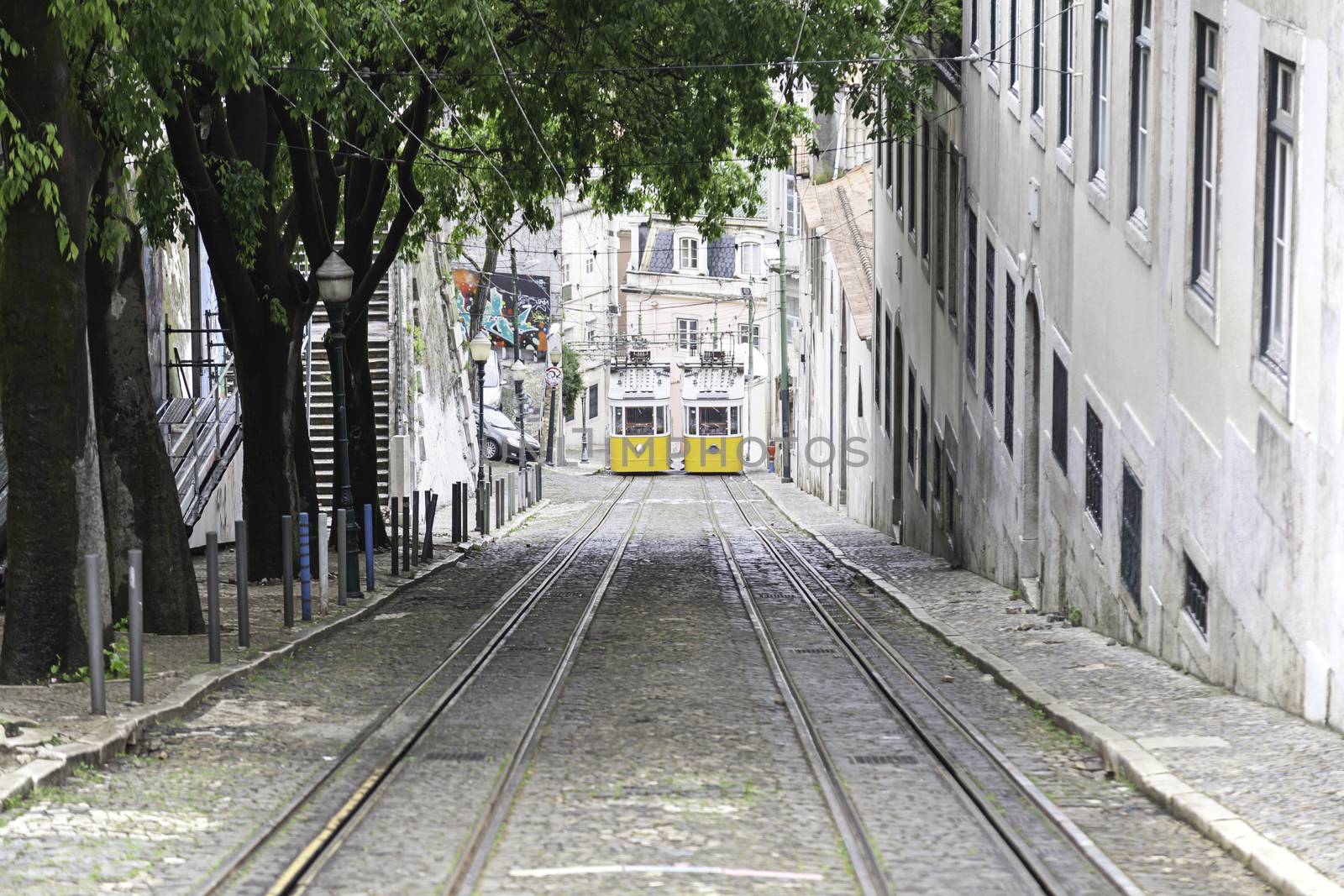 Old trams in Lisbon, detail of an old city transport, ancient art, tourism in the city