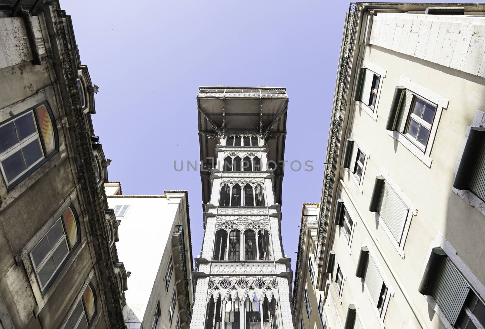 Santa Justa elevator in Lisbon, detail of an old historic elevator, tourist monument, Portugal
