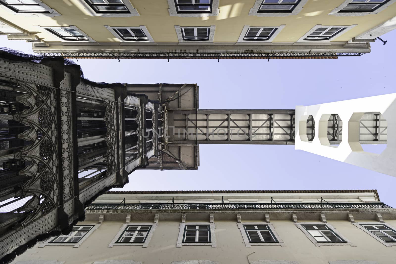 Santa Justa elevator in Lisbon, detail of an old historic elevator, tourist monument, Portugal