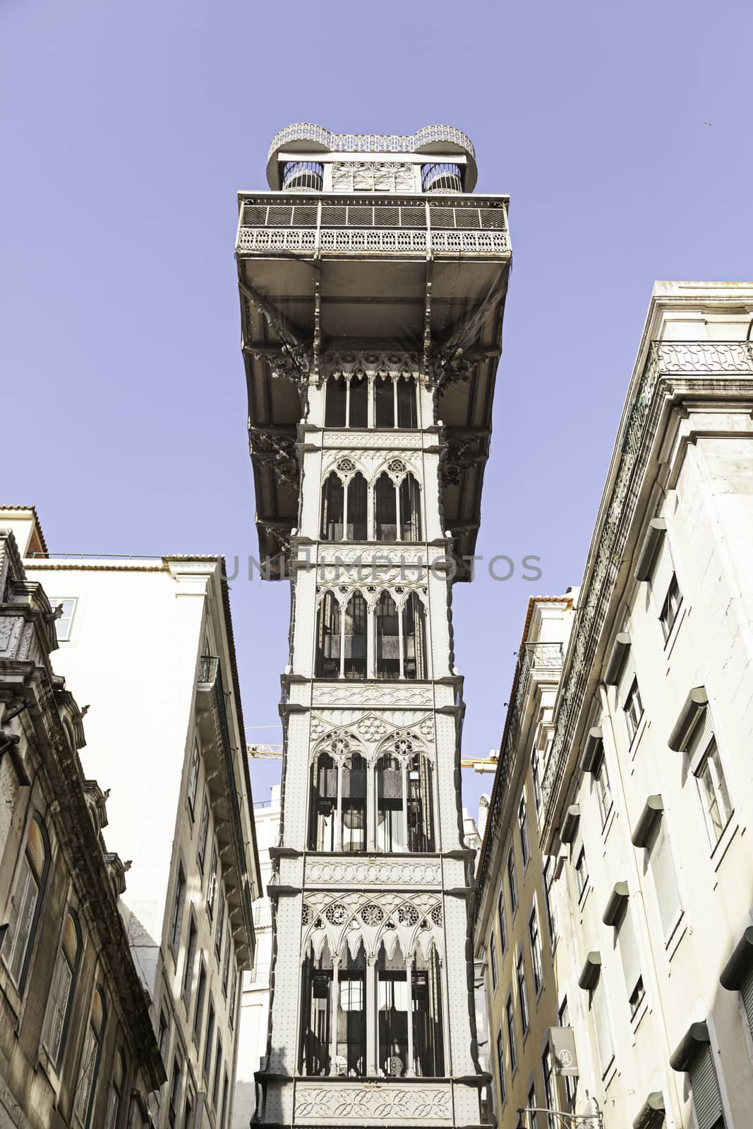 Santa Justa elevator in Lisbon, detail of an old historic elevator, tourist monument, Portugal
