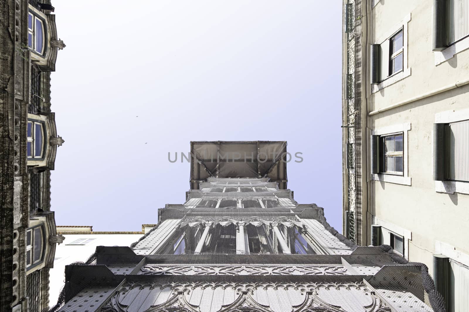 Santa Justa elevator in Lisbon, detail of an old historic elevator, tourist monument, Portugal