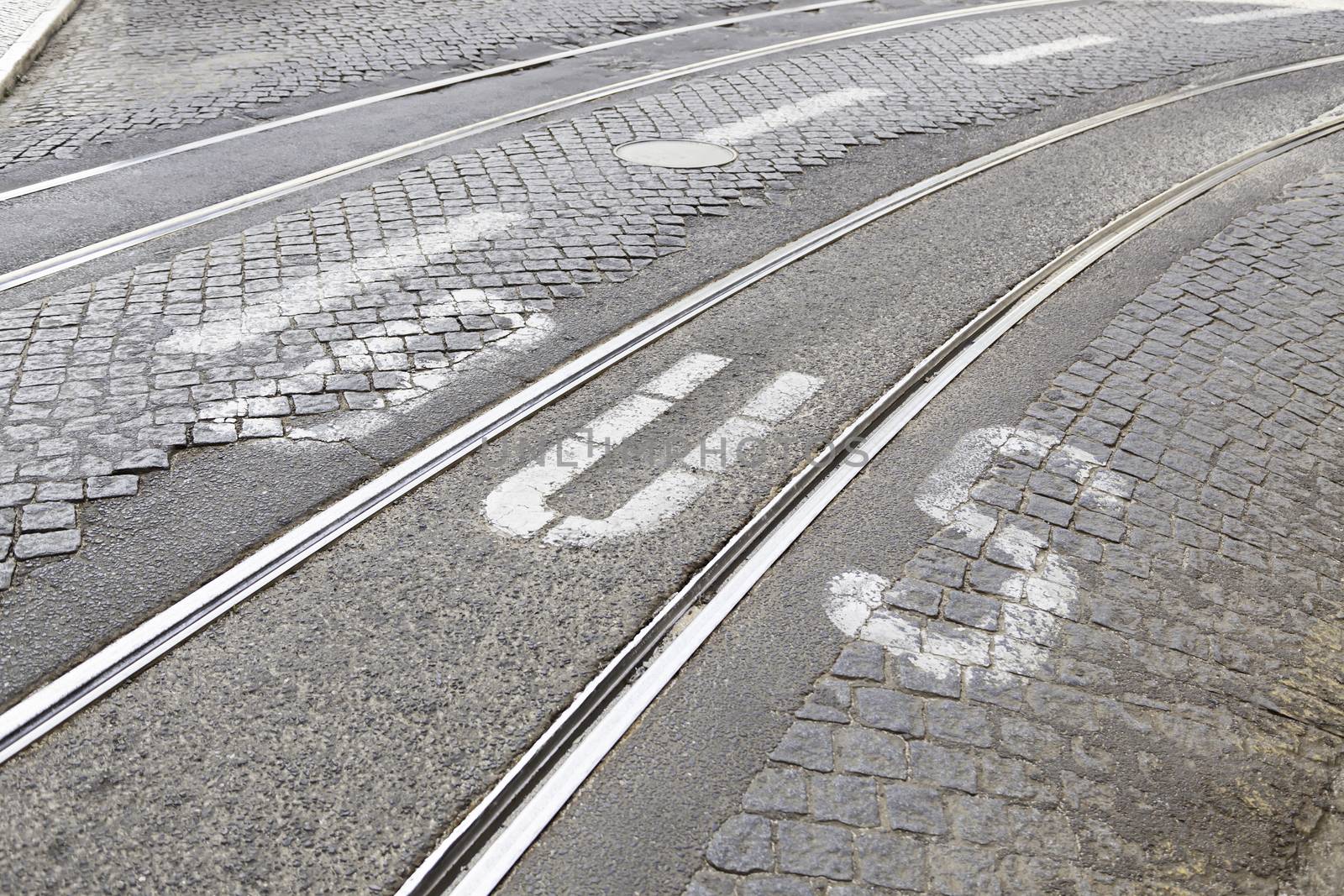 Bus signal roads in a detail of a road sign on a street in Lisbon, a tram ride