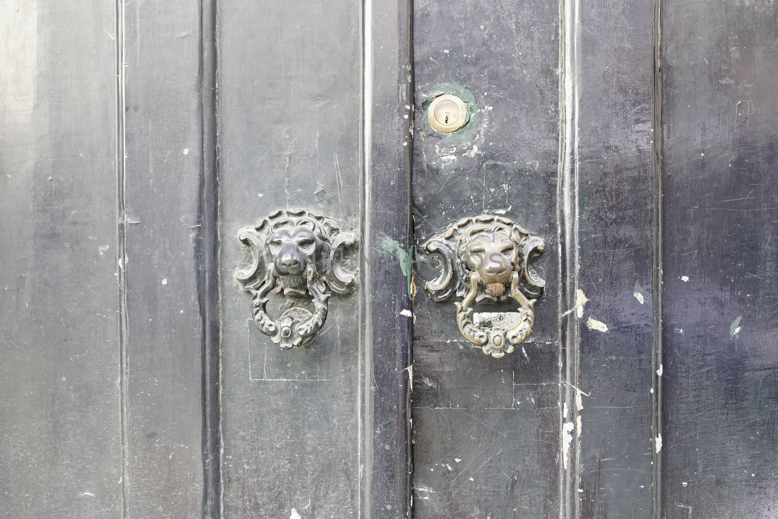 Wooden door with metal knockers, door detail of a decorated, safety and security