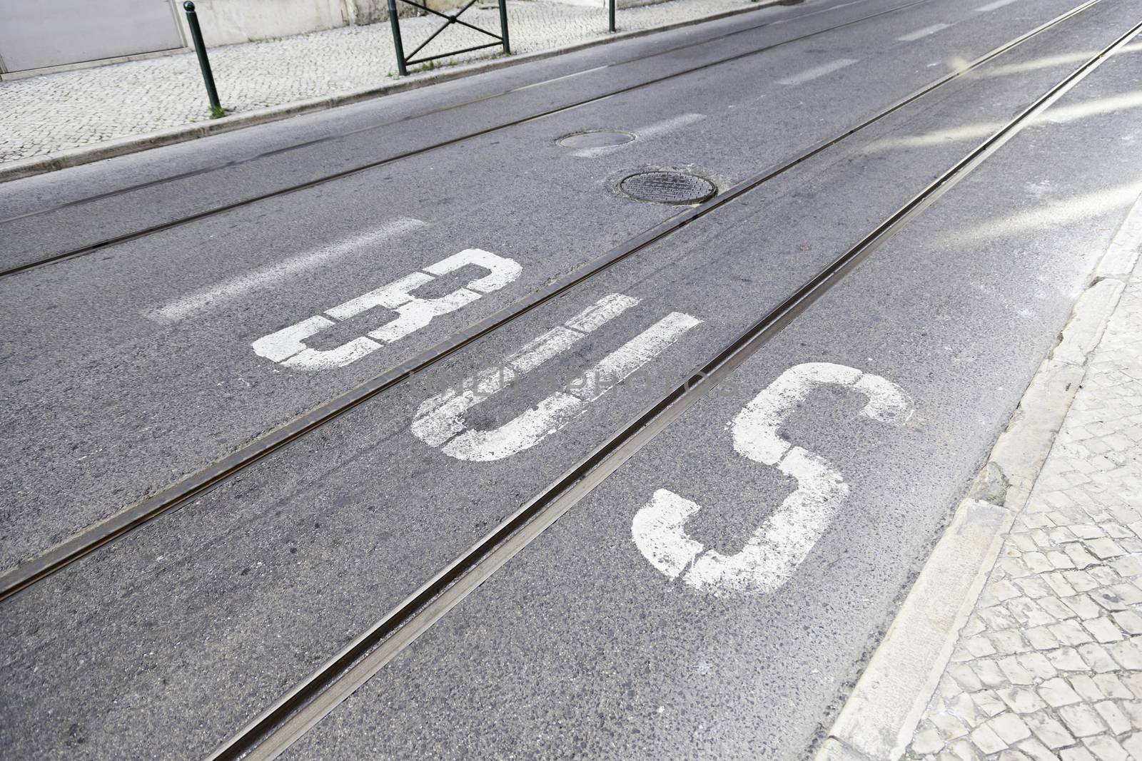 Bus signal roads in a detail of a road sign on a street in Lisbon, a tram ride