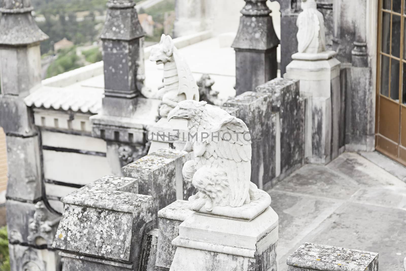 Old stone eagle, closeup of a figure in a monument in Sintra, Portugal