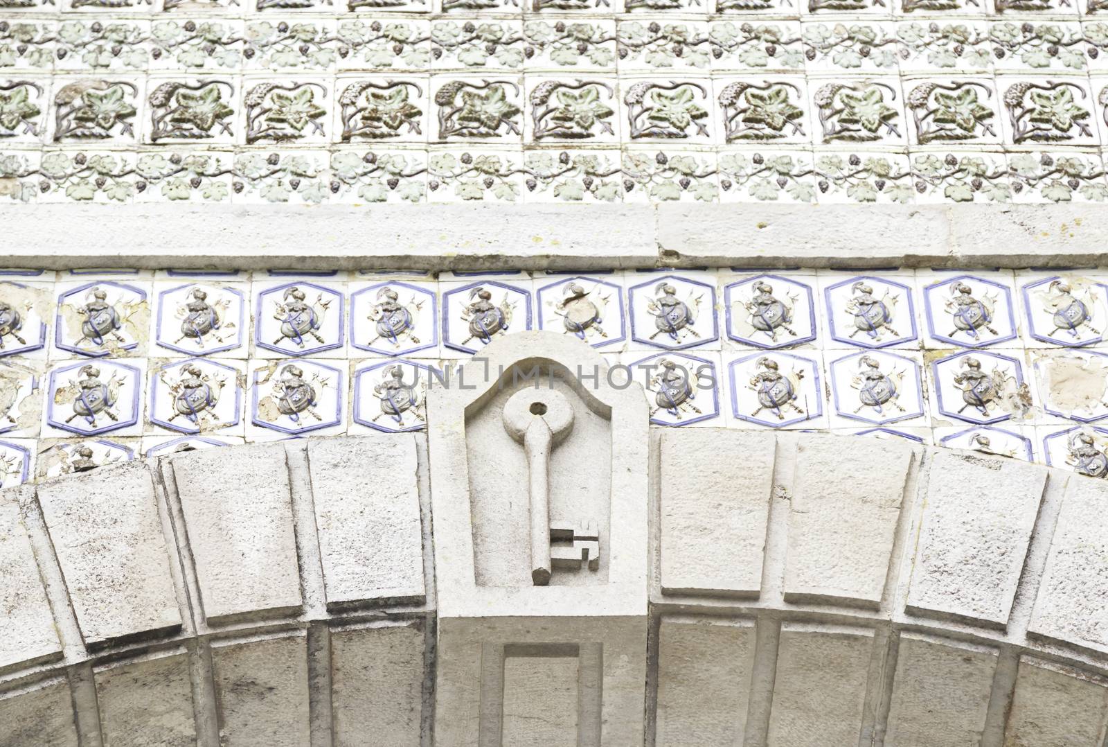 Wall tiles with typical old Lisbon, detail of traditional decoration of Portugal, ceramic art, Pena palace