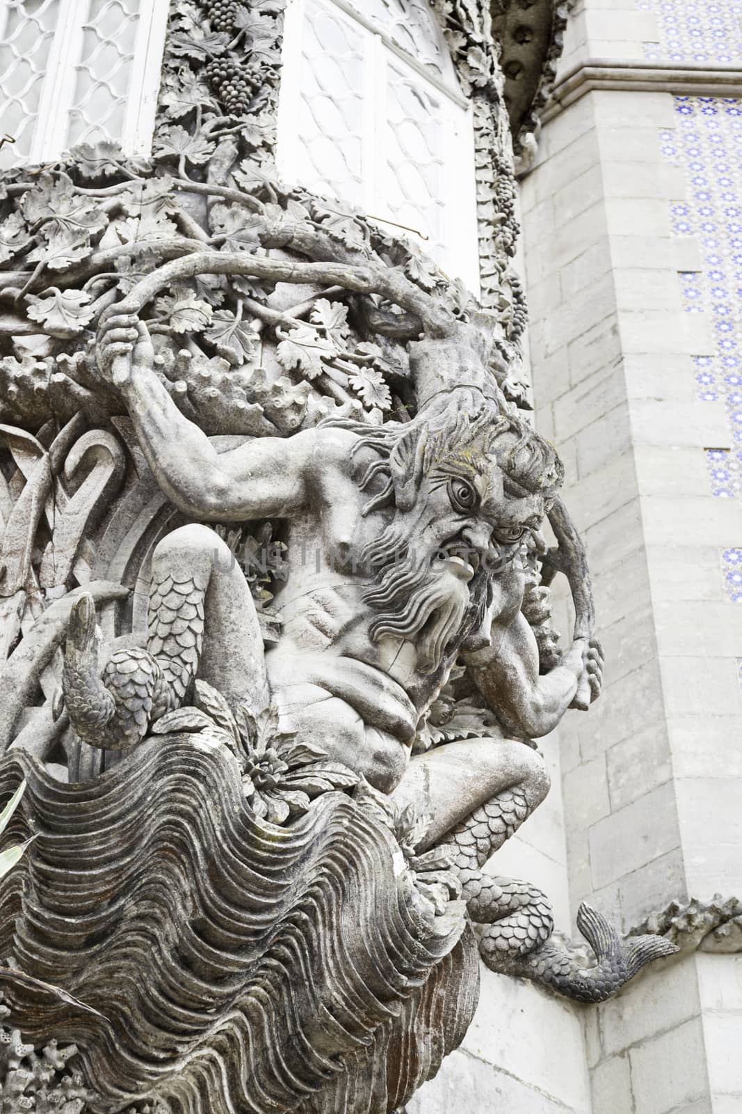 Devil Stone in Sintra, detail of a statue on the Pena Palace in Portugal, ancient art