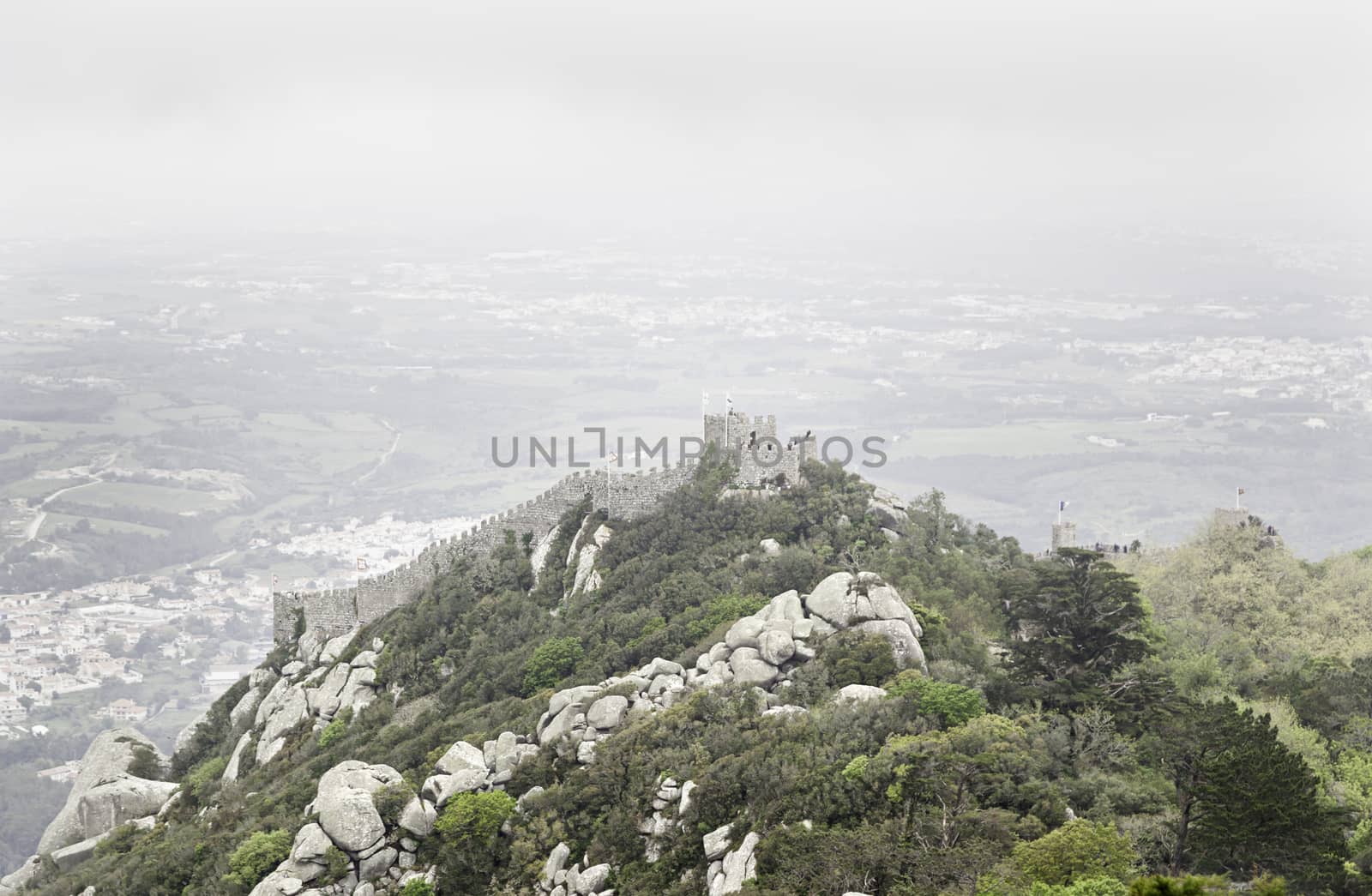 Panoramic view of the Castelo dos Mouros, detail of an old castle in Sintra, medieval art and architecture