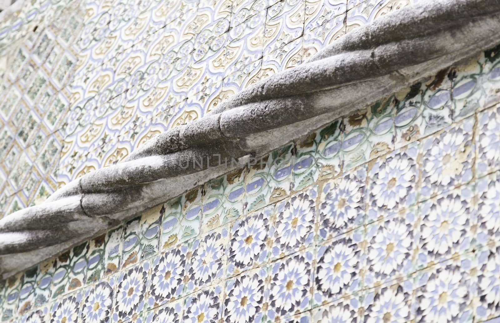 Wall tiles with typical old Lisbon, detail of traditional decoration of Portugal, ceramic art
