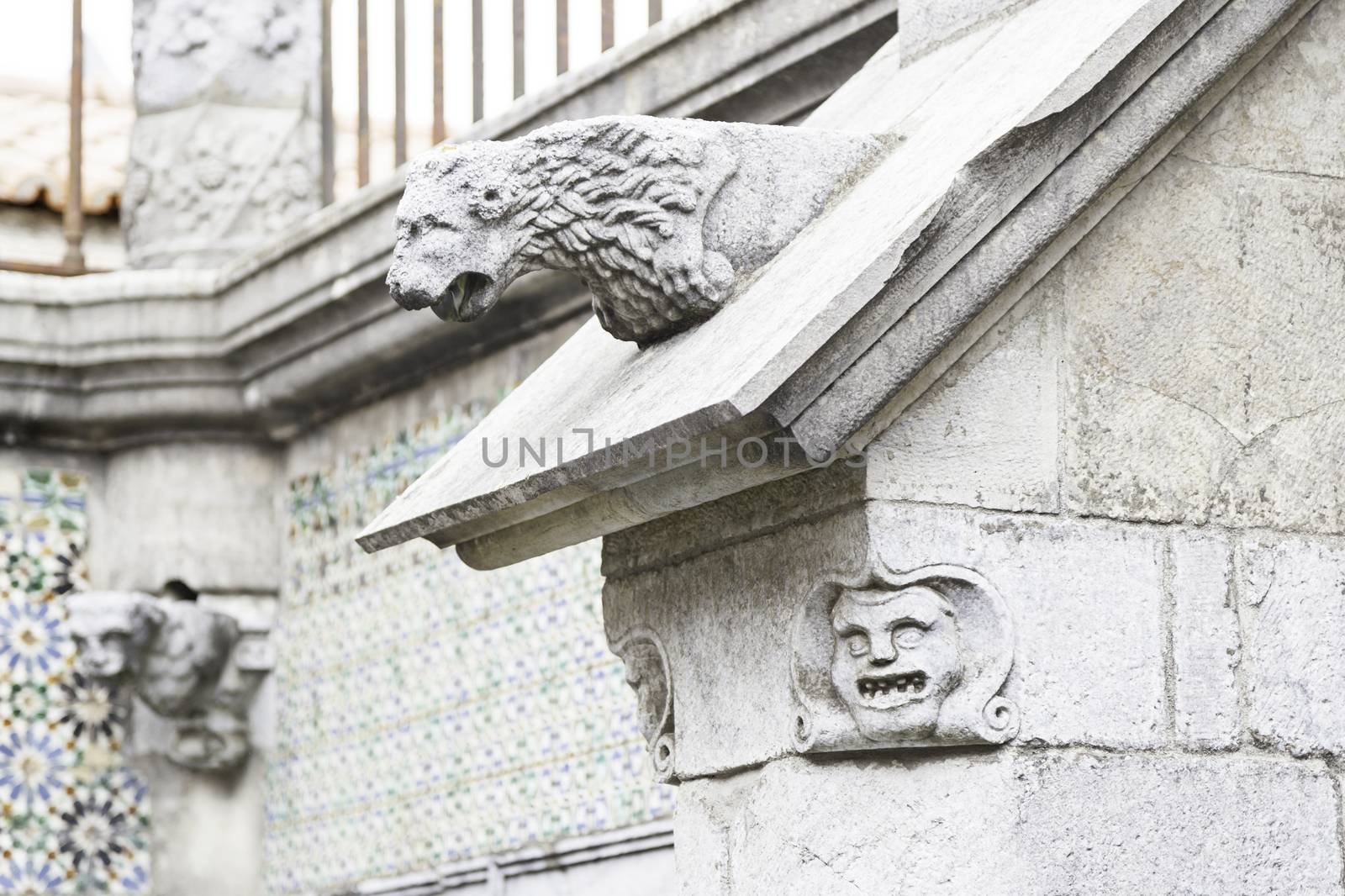 Gargoyle in Sintra Pena Palace, detail of an old heritage of humanity building, tourism in Portugal
