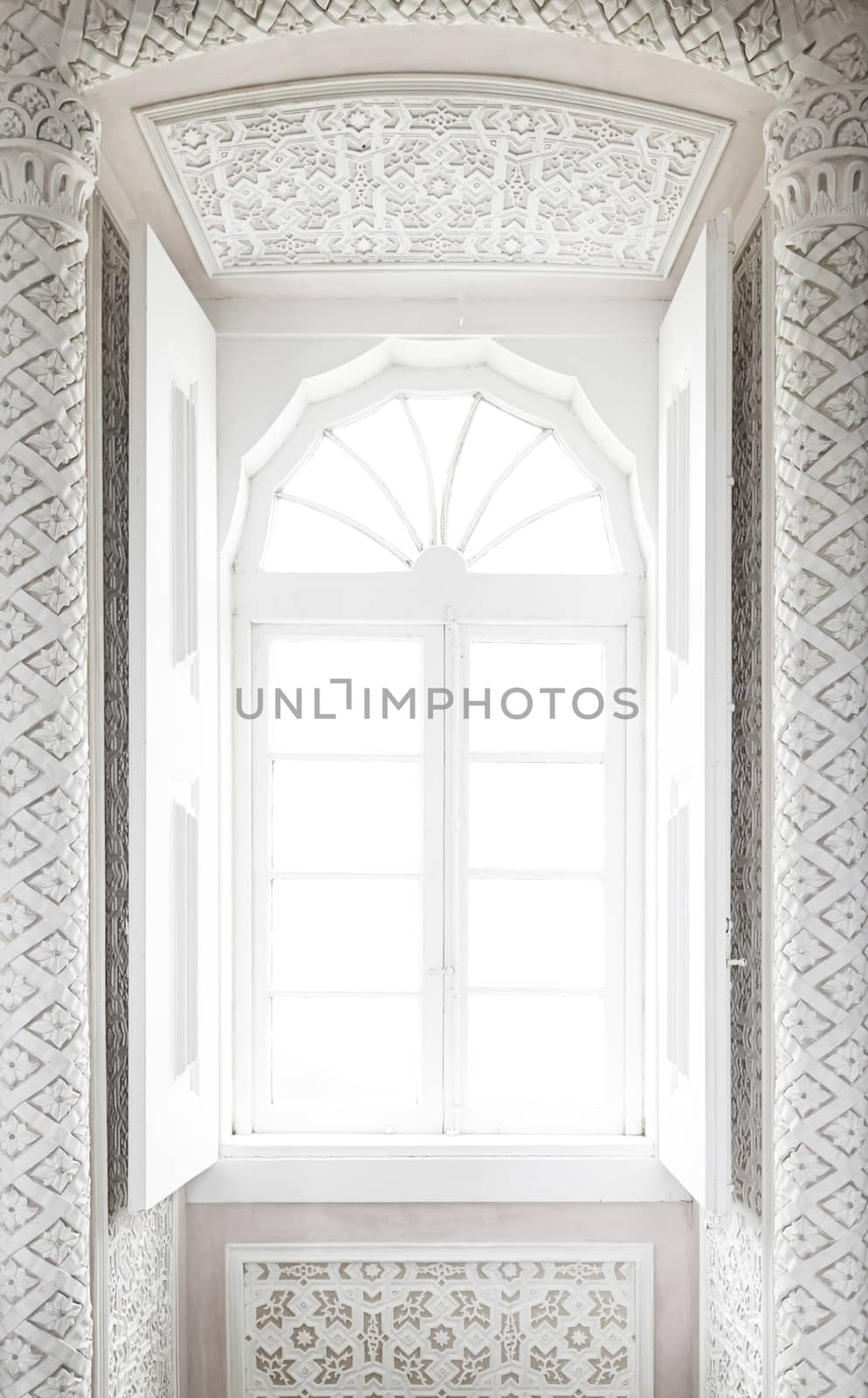 White glass window detail of the entry of light through a window, exterior views