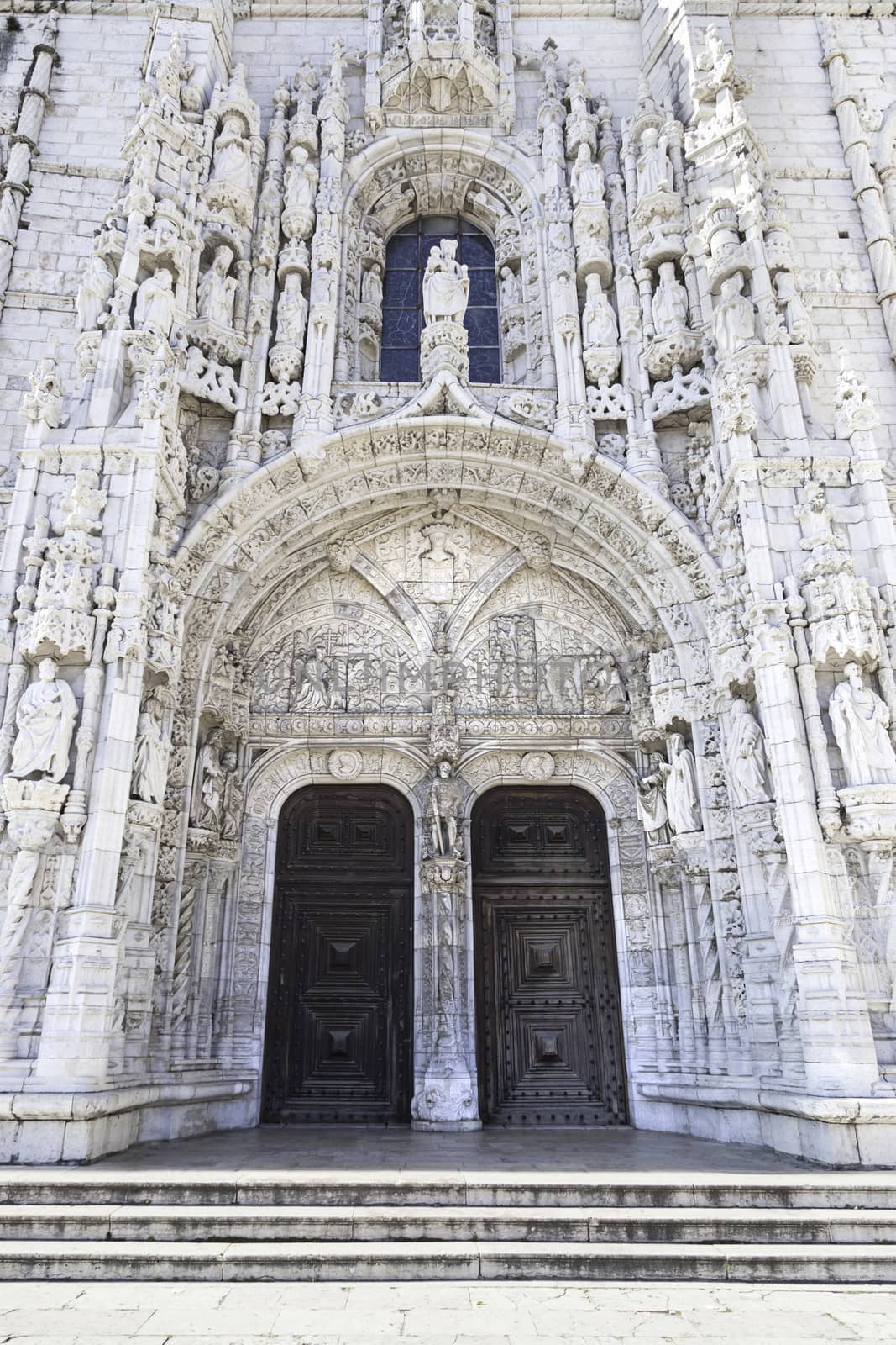 Facade of Jeronimos in Lisbon, detail of old building in Portugal, Manueline architecture