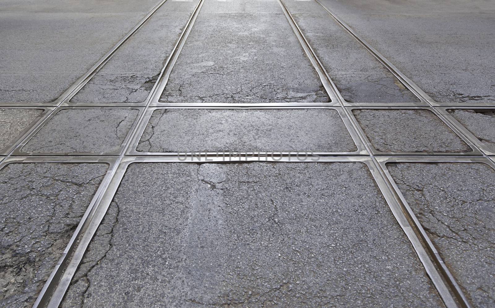 Tram tracks in the city, a detail of public transport in the city of Lisbon, former public transport