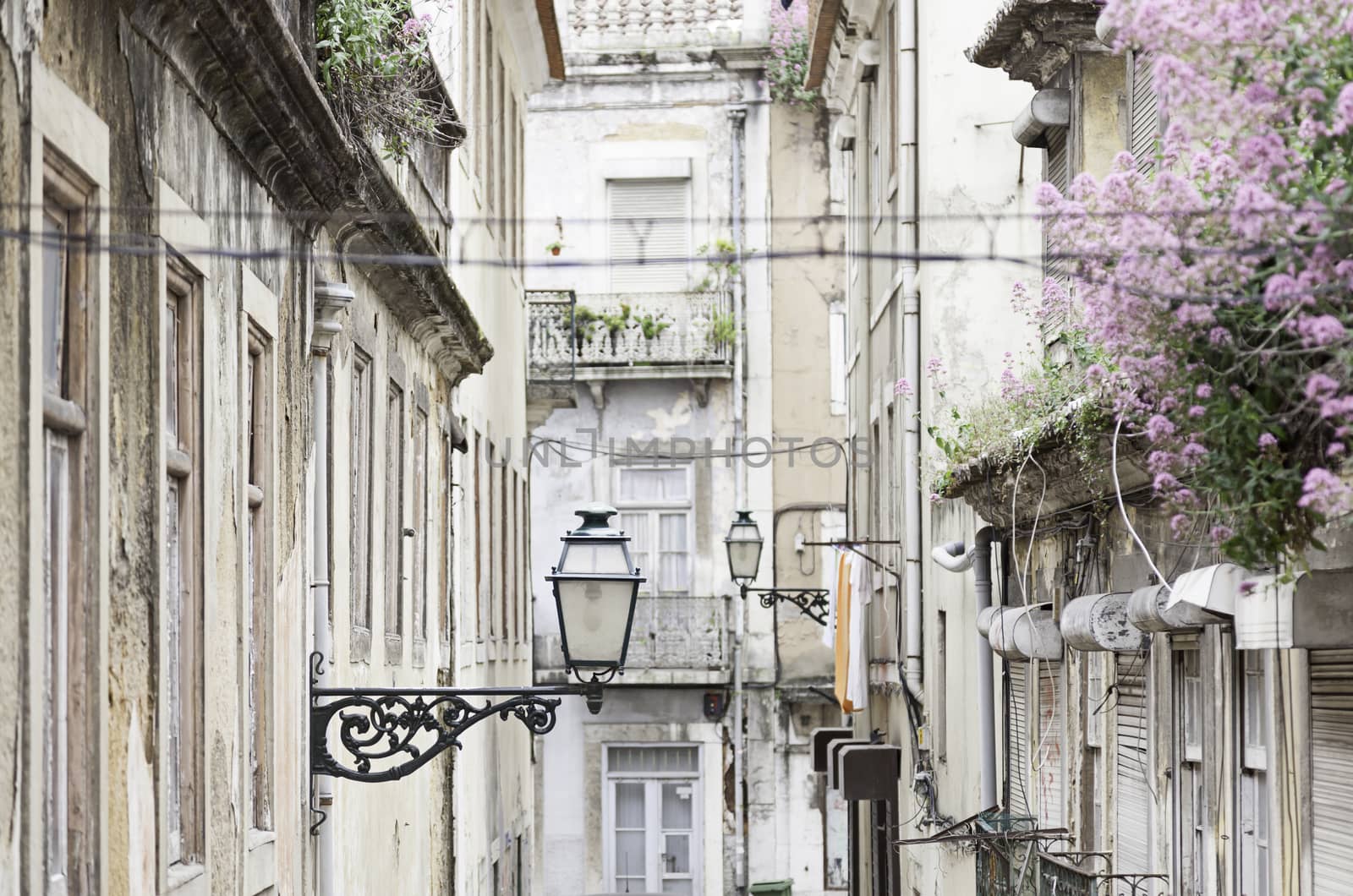 Old street lamp on a classical facade in Lisbon, detail of an old lighting in the city, Art and Tourism