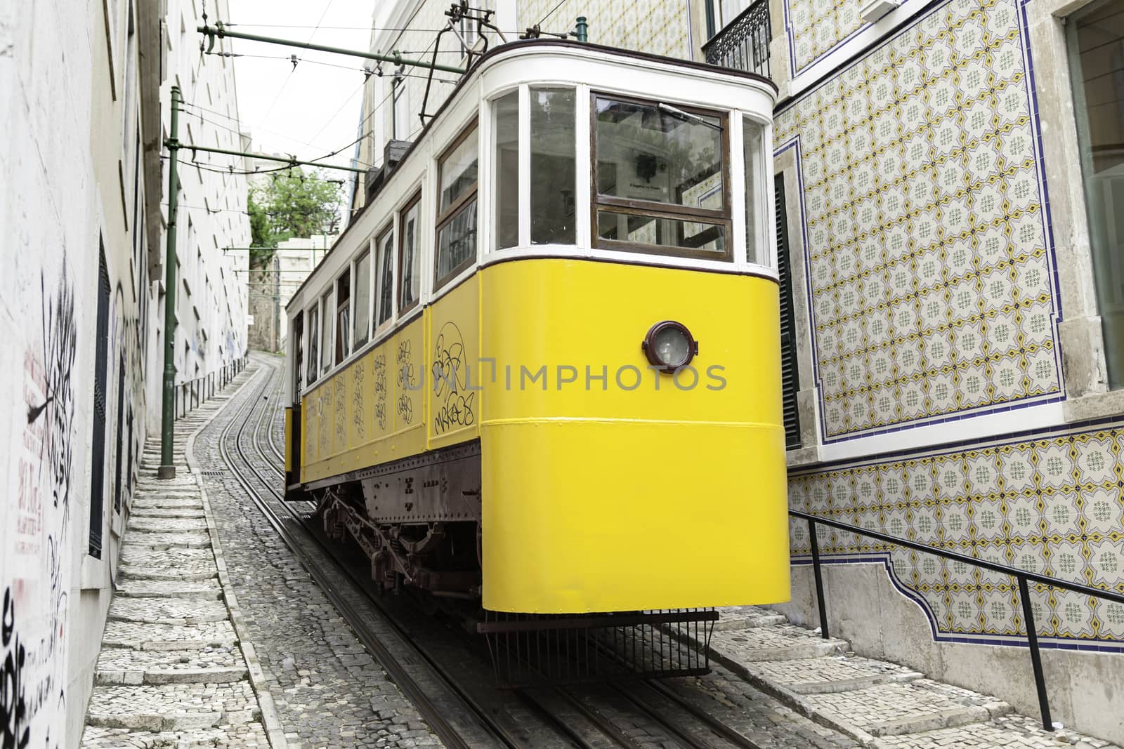 Old Lisbon tram, detail from old public transport, art and tourism monument, Portugal