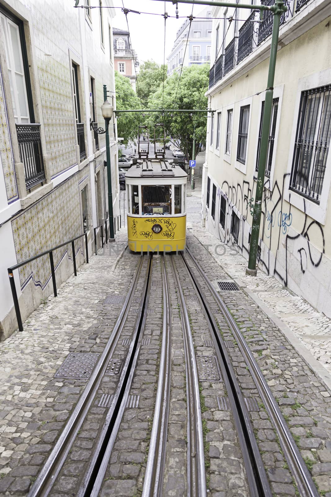 Old Lisbon tram, detail from old public transport, art and tourism monument, Portugal