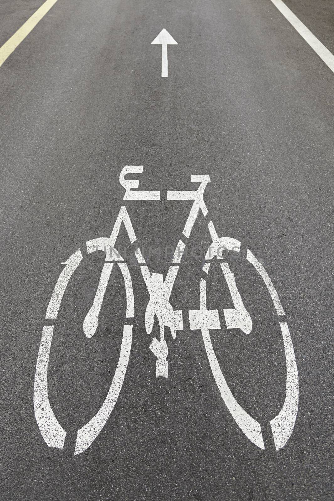 Bike sign on asphalt, detail of a sign painted on a road information, signal and arrow