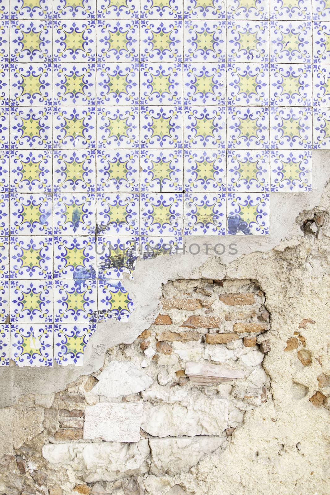 Wall tiles with typical old Lisbon, detail of traditional decoration of Portugal, ceramic art