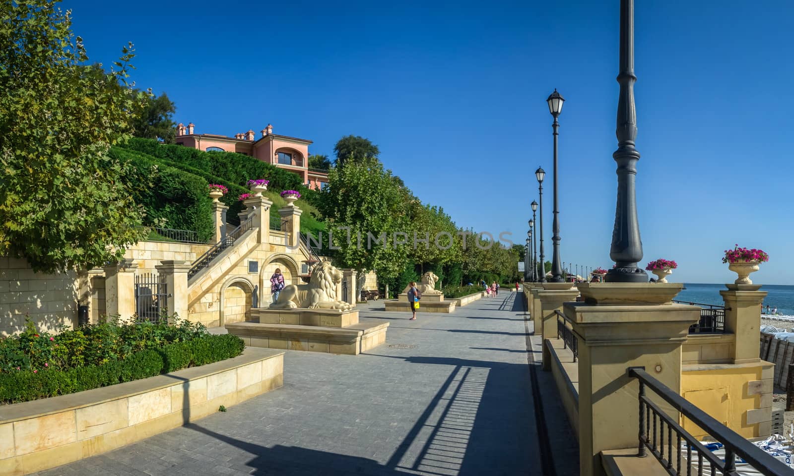 Odessa, Ukraine - 09.18.2018. Golden Beach Promenade in Odessa Ukraine in a sunny summer day. Great place to relax for tourists and citizens