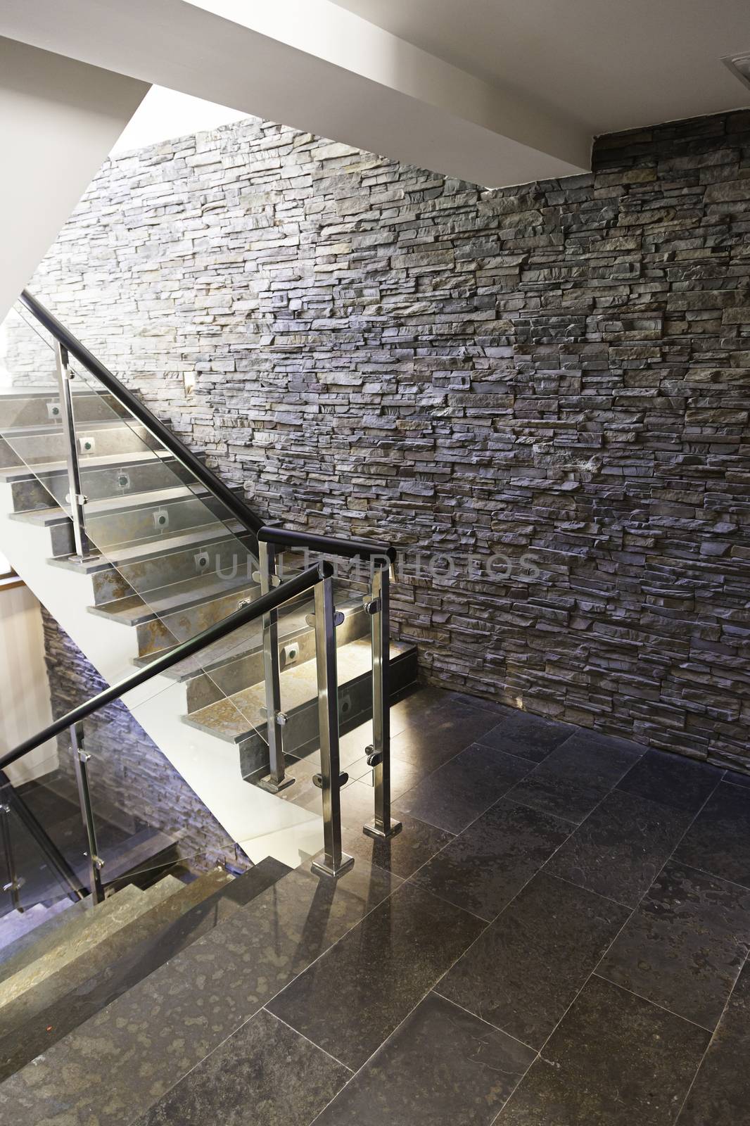 Modernist hotel stairs, detail of stairs inside a hotel