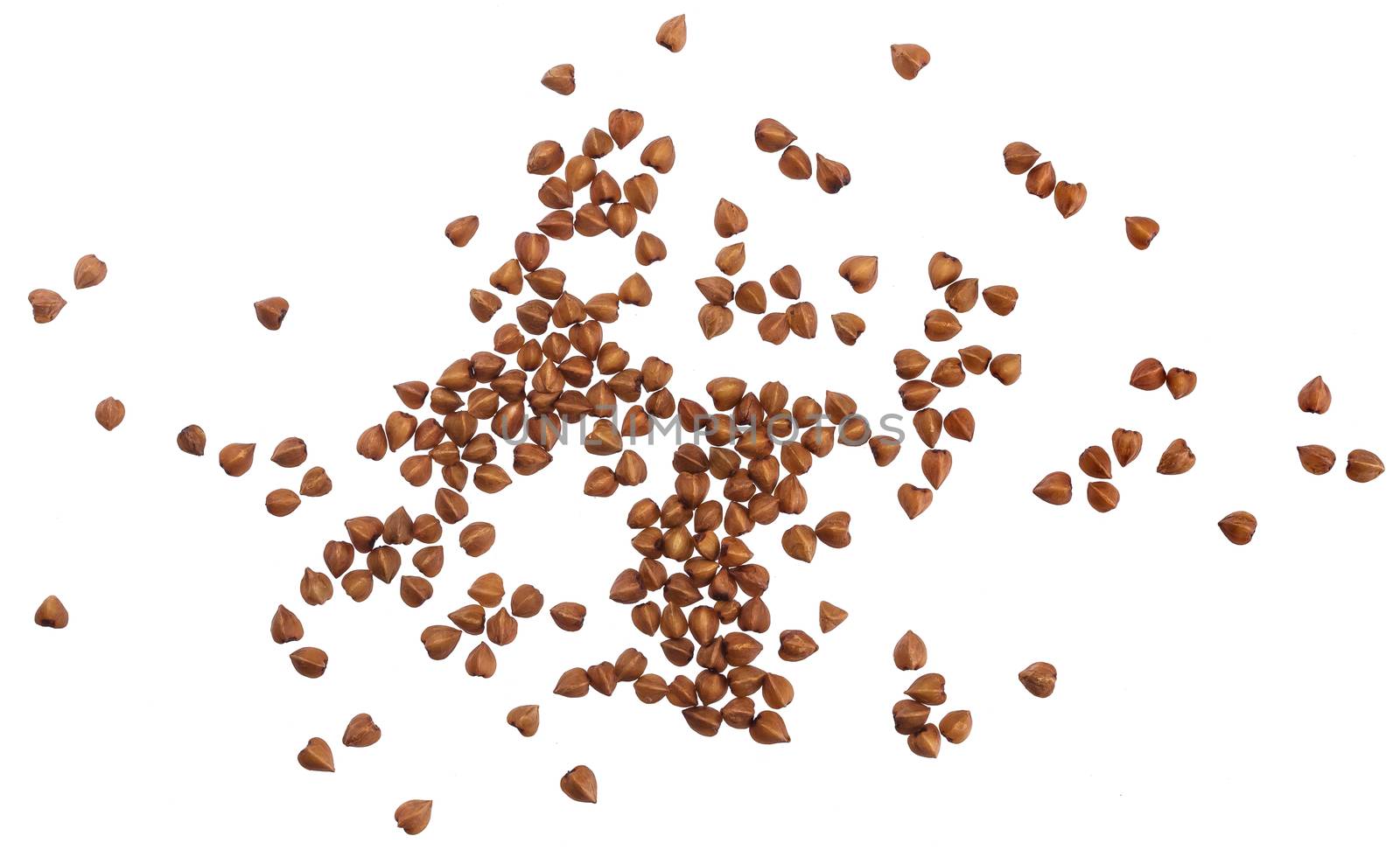 Close up of buckwheat grains isolated on white background with clipping path, top view, raw buckwheat porridge