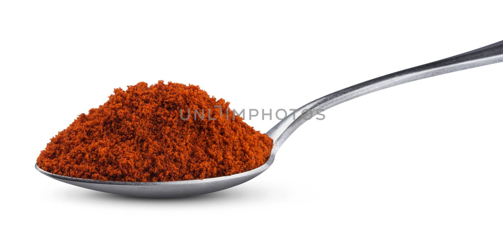 Pile of red paprika powder in spoon isolated on white background with clipping path, ground hot red pepper spice