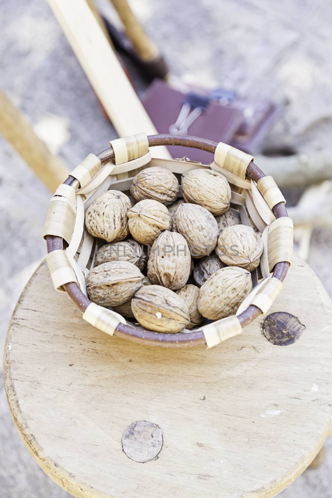 Nuts on a basket, detail about raw nuts, food healthy, healthy food