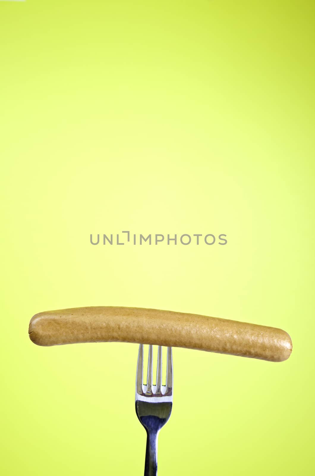 Sausage on fork frankfurter detail veal, meat food background