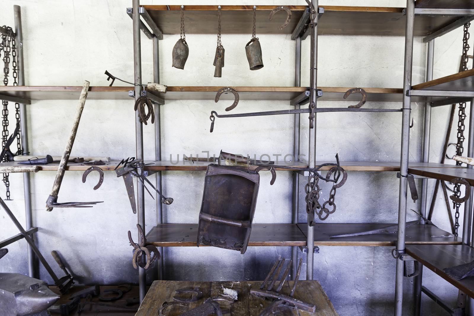 Tools of a former forge metal, detail of an old classic metal forging, metal fabrication