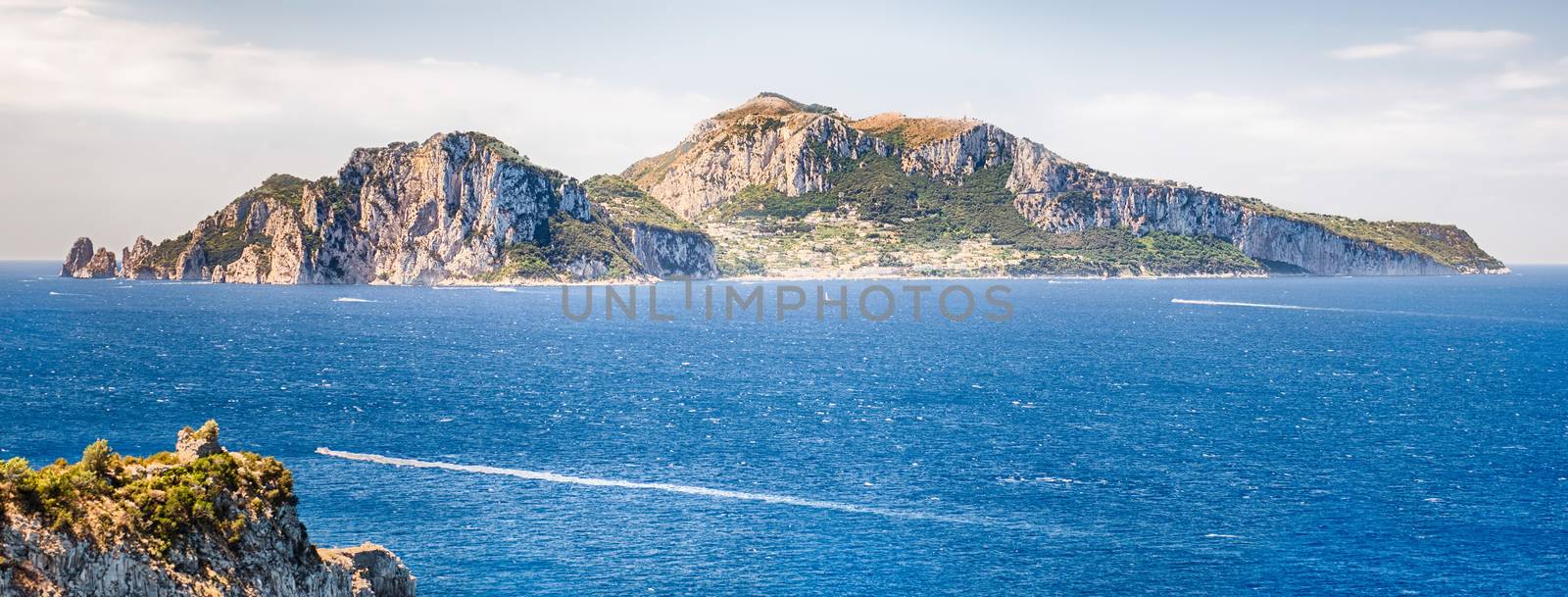 Scenic aerial view of the Island of Capri, Italy, as seen from the town of Massa Lubrense