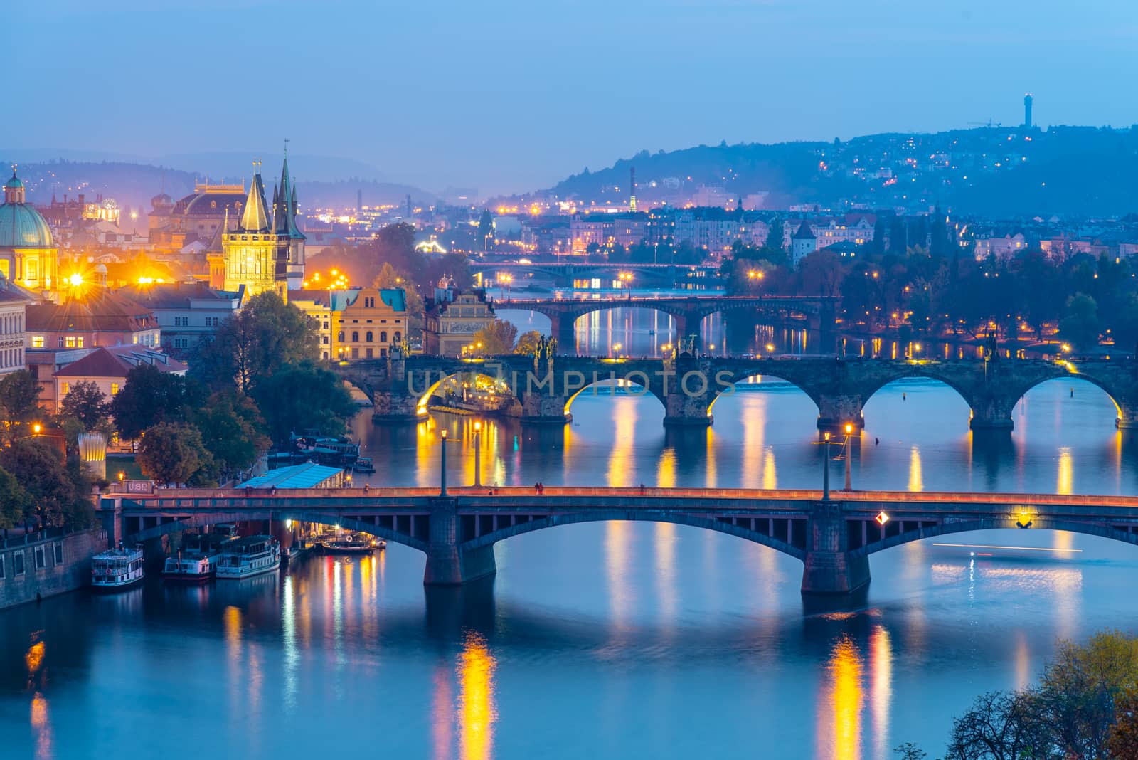 Prague bridges over Vltava River in the evening, Praha, Czech Republic by pyty