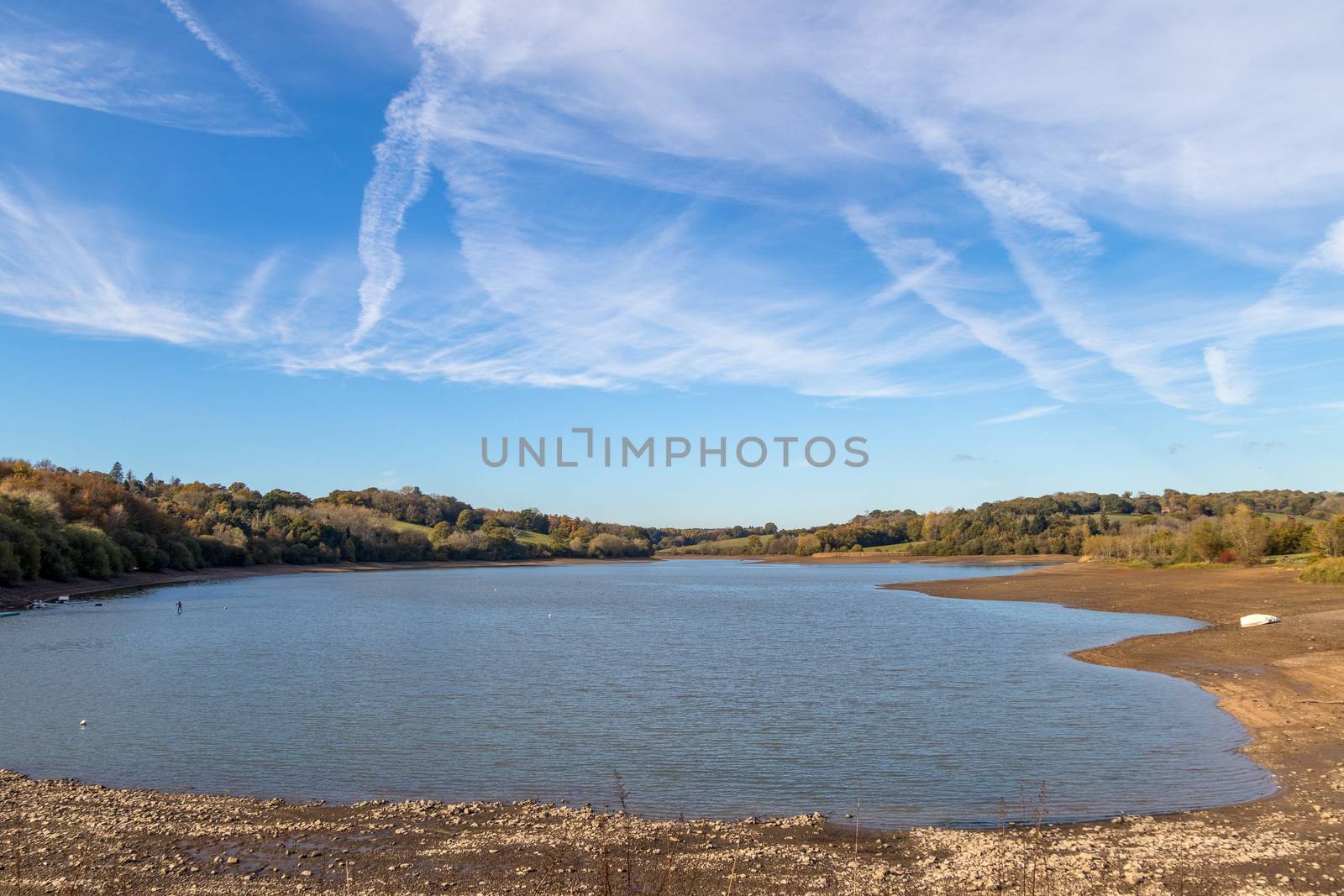View of Ardingly reservoir in Sussex in autmn with low water res by phil_bird