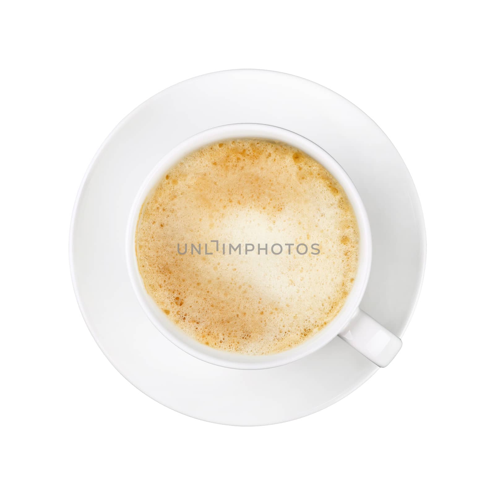 Close up one full white cup of frothy latte cappuccino coffee on saucer isolated on white background, elevated top view, directly above