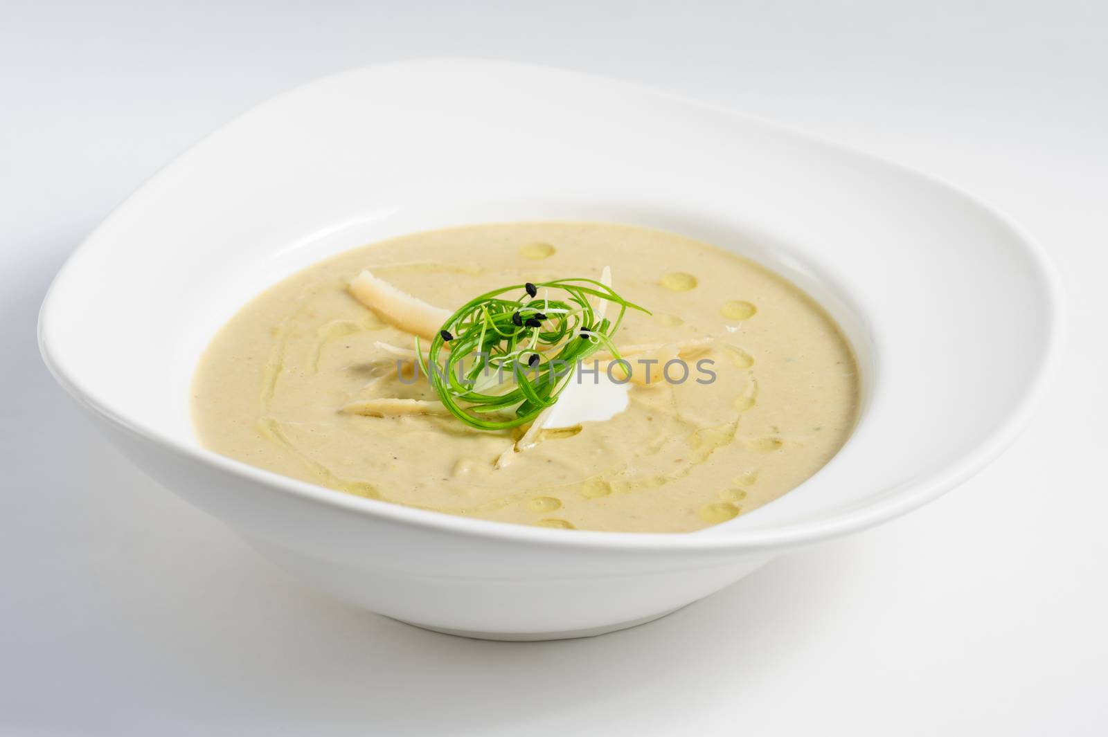 Eggplants cream soup puree with parmigiano and chukka