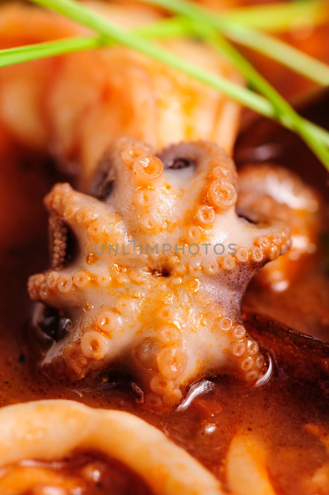 Seafood Soup in white dish, japanese cuisine, macro shot