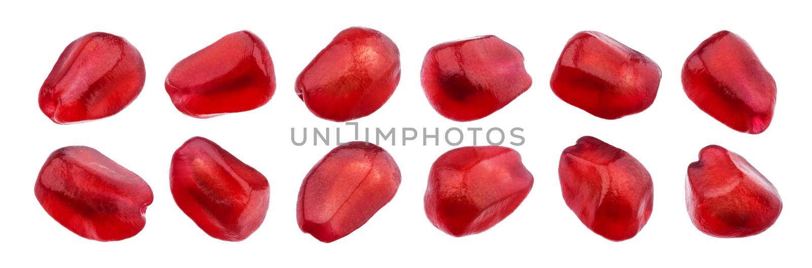 Pomegranate seeds isolated on white background with clipping path, close-up