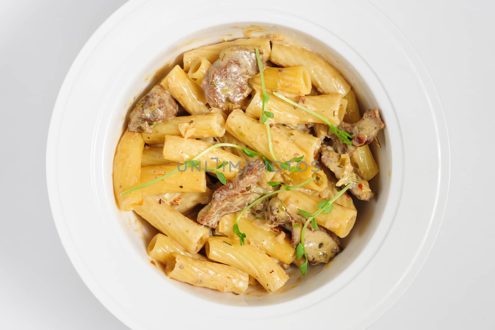 penne pasta with veal meat, top view