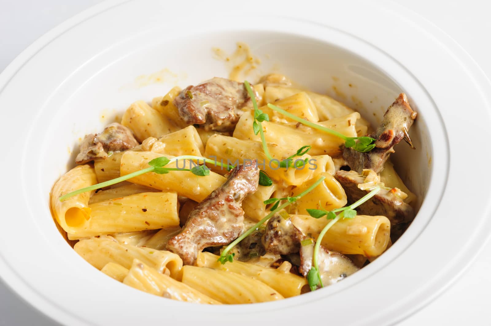 penne pasta with veal meat, macro closeup